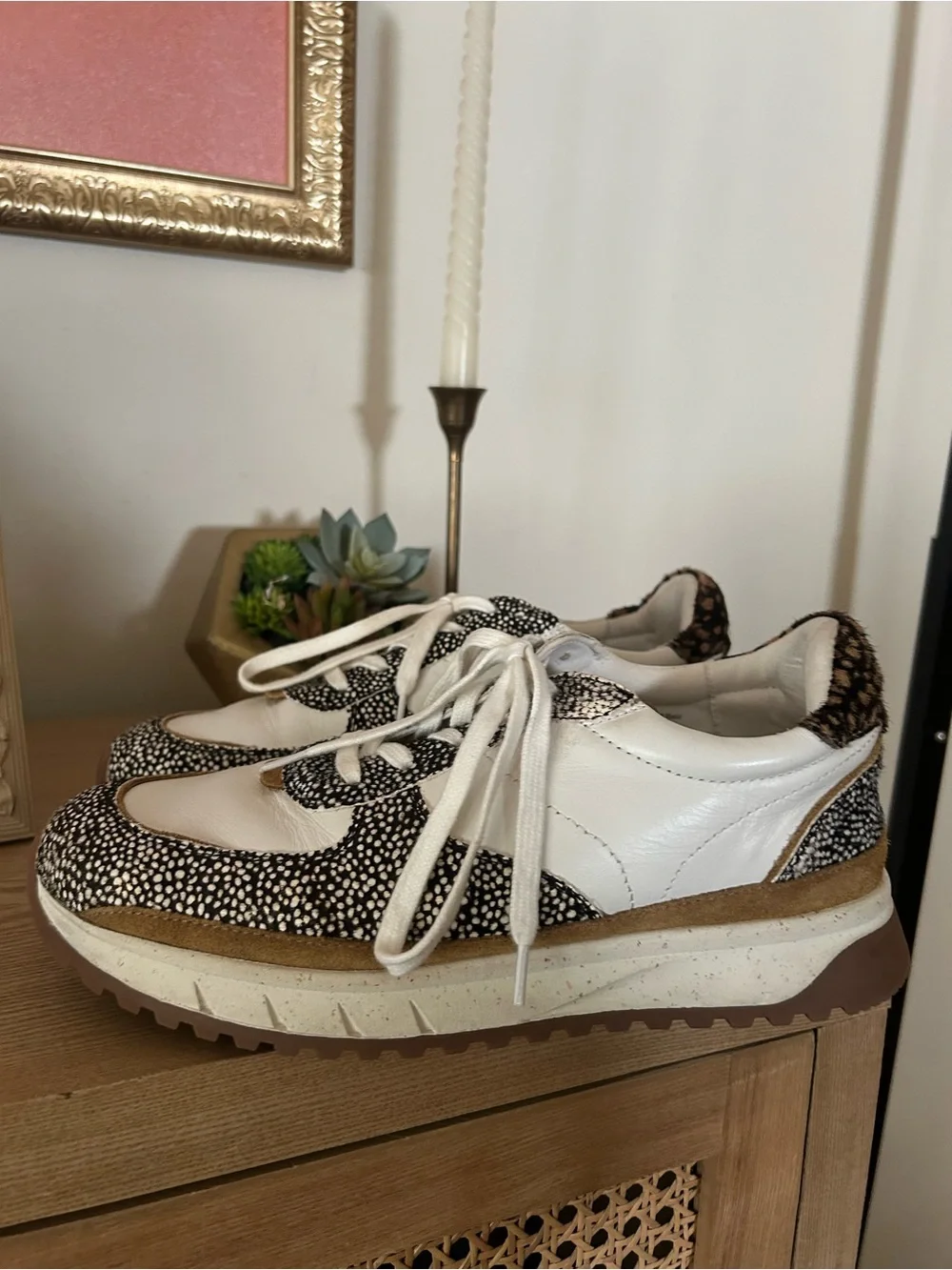 Madewell‎ Kickoff Trainer Sneakers Olive Grove Multi Leather Spots White Tan 9
